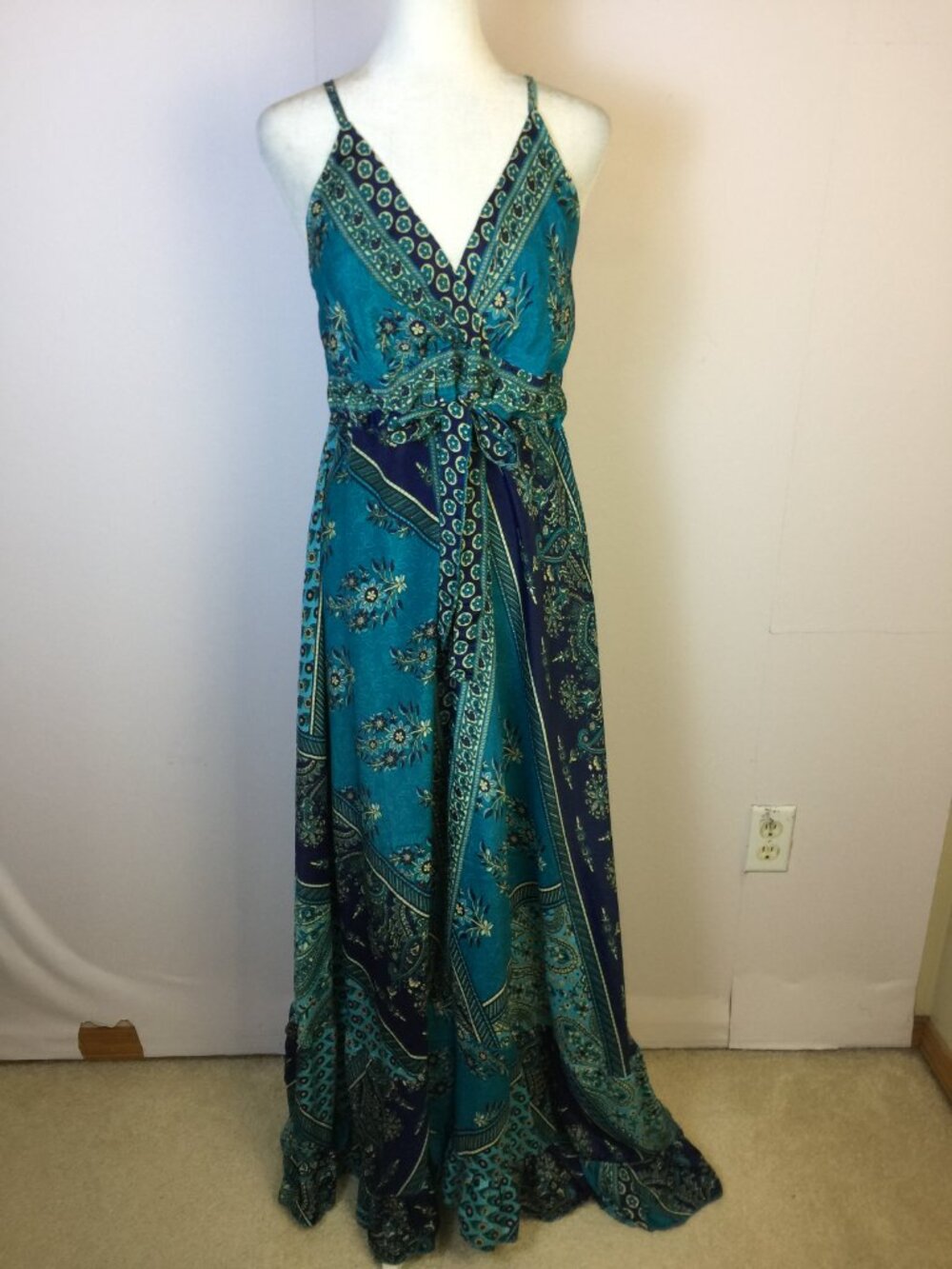 Swarna Greece Maxi Dress One Size (S/M/L) Blue Floral 100% Silk Satin Drawstring